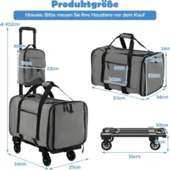 Mobile Transportbox mit Teleskopgriff & Rädern & Kleine Tasche für Katze Hunde Grau