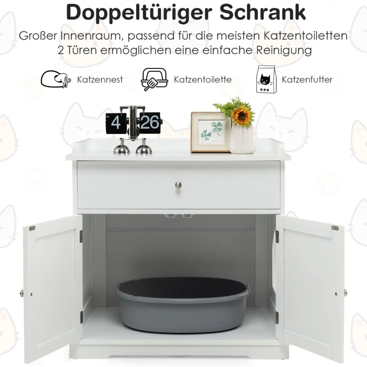 Moderne Dekorative Katzentoilette Beistelltisch mit Schublade und 2 Türen für den Innenbereich Weiß