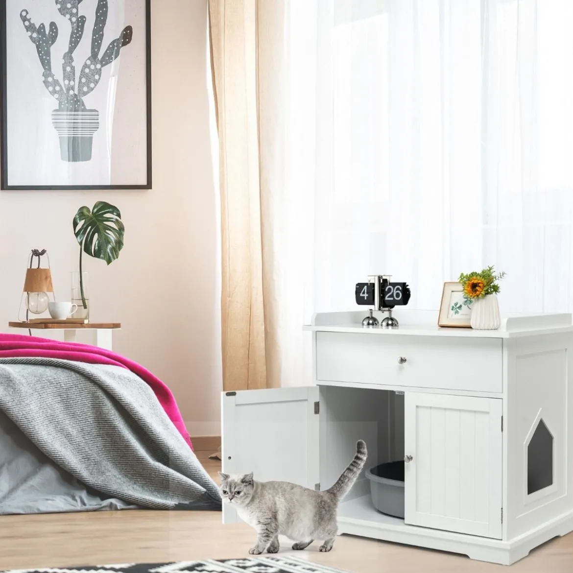 Moderne Dekorative Katzentoilette Beistelltisch mit Schublade und 2 Türen für den Innenbereich Weiß