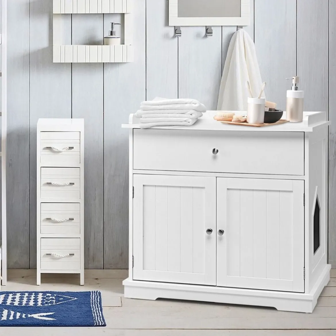 Moderne Dekorative Katzentoilette Beistelltisch mit Schublade und 2 Türen für den Innenbereich Weiß