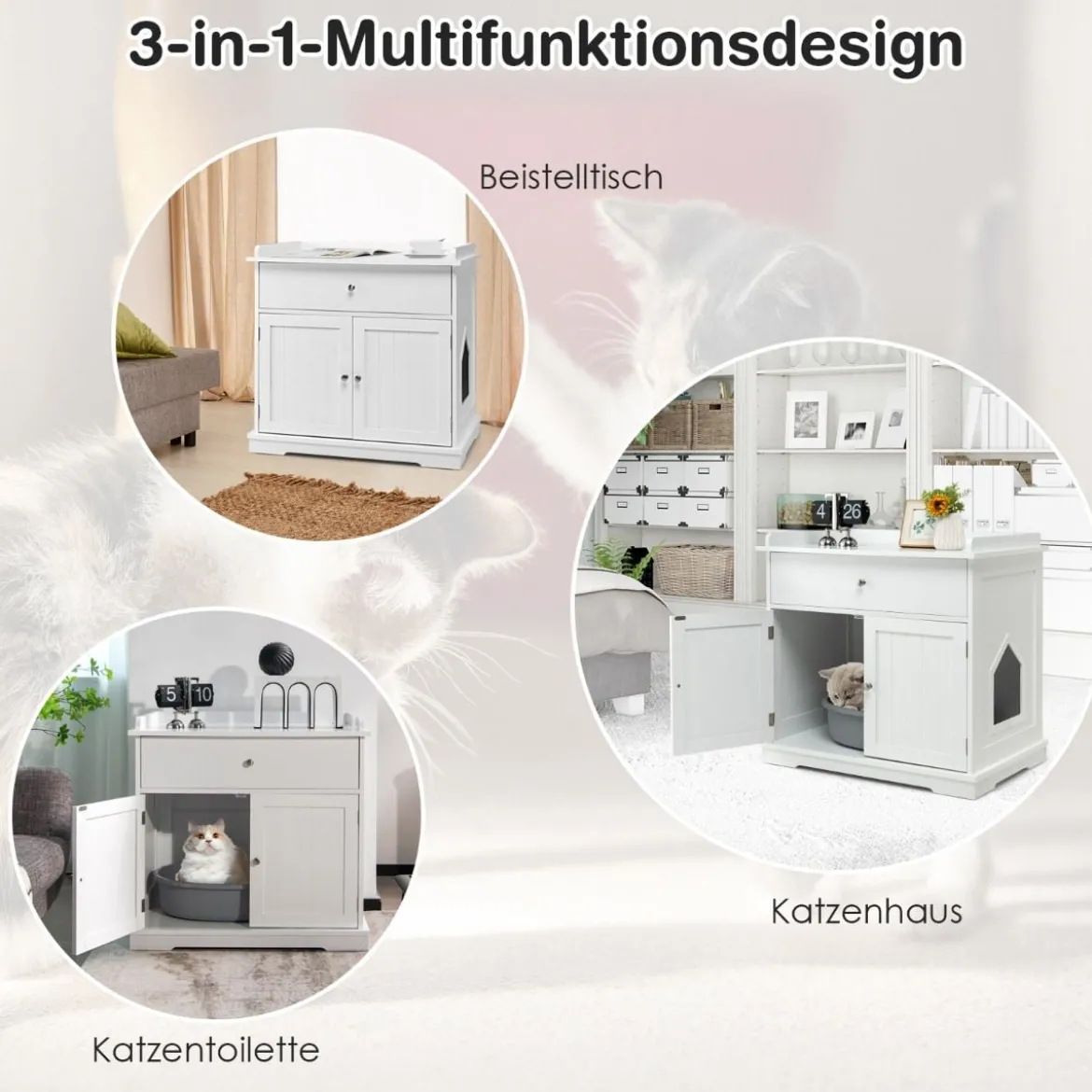 Moderne Dekorative Katzentoilette Beistelltisch mit Schublade und 2 Türen für den Innenbereich Weiß