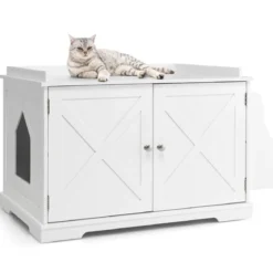 Moderne Katzentoiletten Gehäuse mit Lagerregal & abnehmbarer Trennwand & Seiteneingängen Weiß