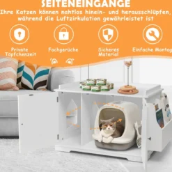 Moderne Katzentoiletten Gehäuse mit Lagerregal & abnehmbarer Trennwand & Seiteneingängen Weiß