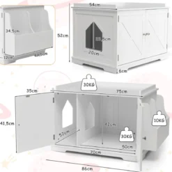 Moderne Katzentoiletten Gehäuse mit Lagerregal & abnehmbarer Trennwand & Seiteneingängen Weiß