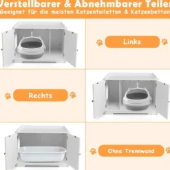 Moderne Katzentoiletten Gehäuse mit Lagerregal & abnehmbarer Trennwand & Seiteneingängen Weiß