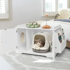 Moderne Katzentoiletten Gehäuse mit Lagerregal & abnehmbarer Trennwand & Seiteneingängen Weiß