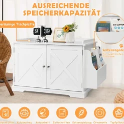 Moderne Katzentoiletten Gehäuse mit Lagerregal & abnehmbarer Trennwand & Seiteneingängen Weiß