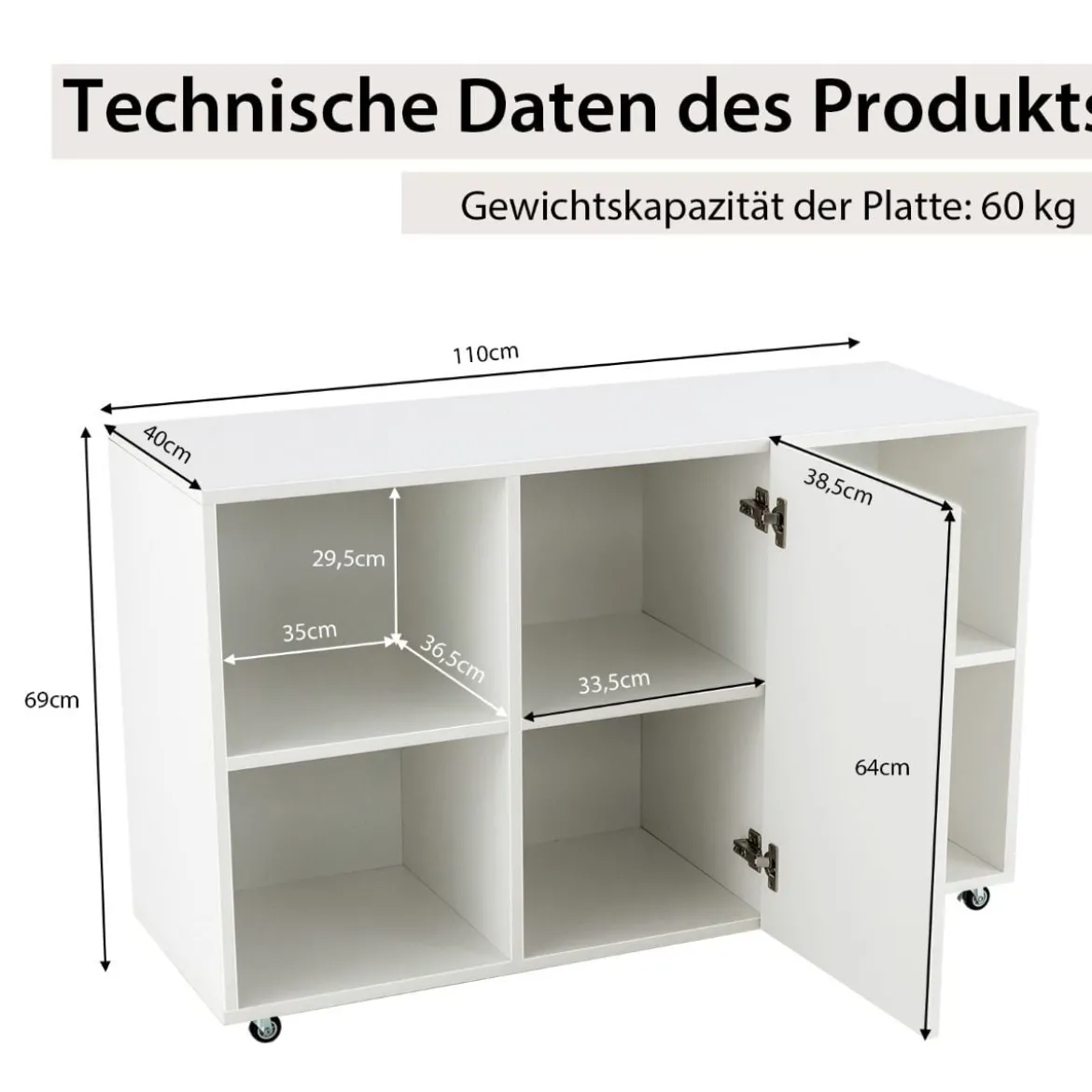 Moderner Aktenschrank für Home Office Wohnzimmer 110 x 40 x 69 cm Weiß