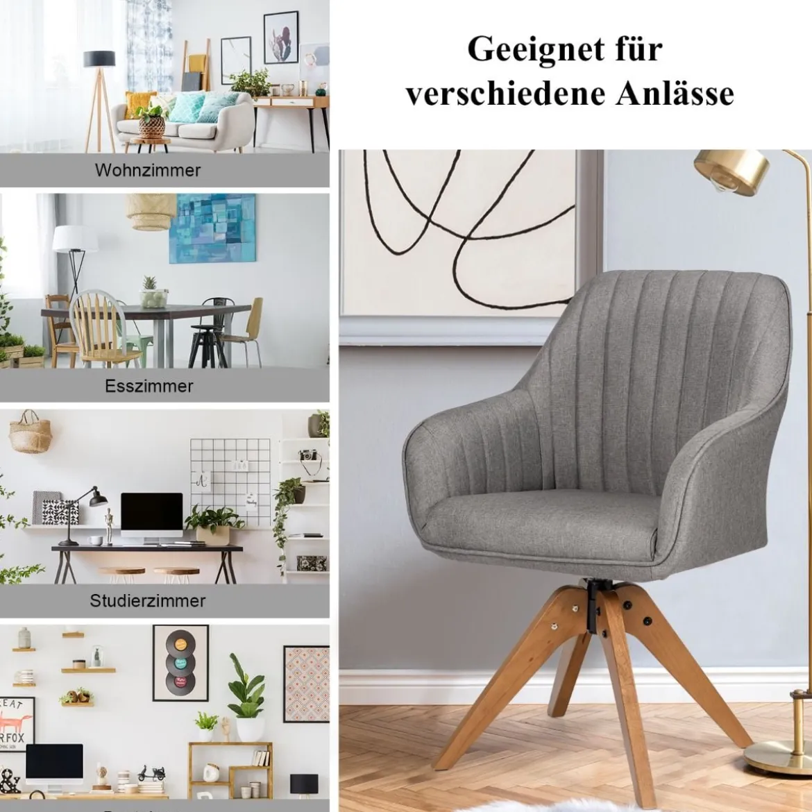 Moderner Akzentstuhl 360° drehbarer Polsterstuhl Wohnzimmerstuhl 59,5 x 61,5 x 93 cm Grau + Natur