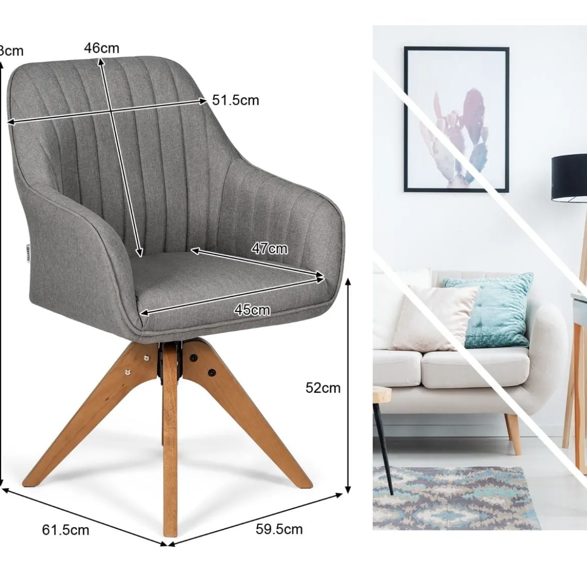 Moderner Akzentstuhl 360° drehbarer Polsterstuhl Wohnzimmerstuhl 59,5 x 61,5 x 93 cm Grau + Natur
