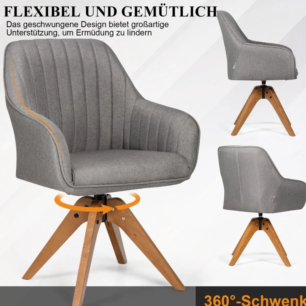 Moderner Akzentstuhl 360° drehbarer Polsterstuhl Wohnzimmerstuhl 59,5 x 61,5 x 93 cm Grau + Natur