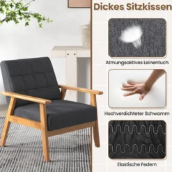 Moderner Akzentstuhl mit Knopfsteppung aus Atmungsaktivem Leinenstoff & Massivem Gummibaumrahmen