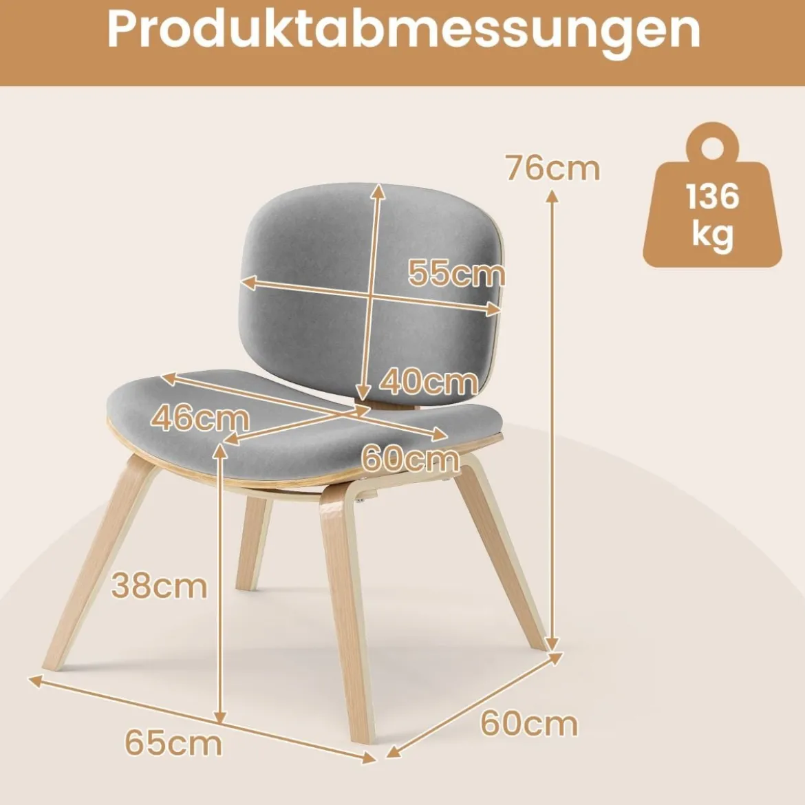 Moderner Akzentstuhl mit Rückenlehne & Gepolstertem Sitz Platzsparender Loungesessel Hellgrau