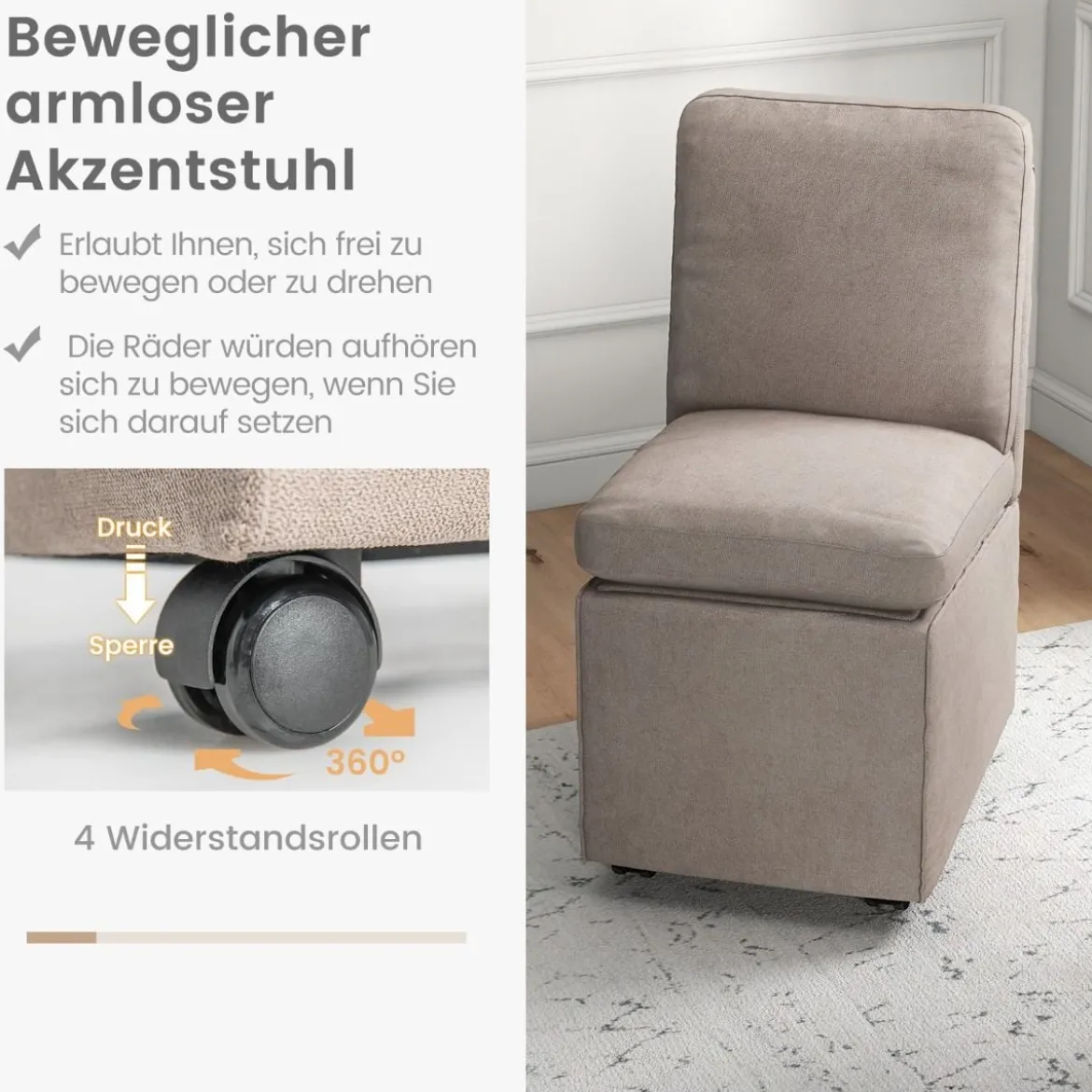 Moderner armloser Akzentstuhl mit Widerstandsrollen & abnehmbaren verdickten Kissen Freizeitstuhl 48 x 61,5 x 84 cm