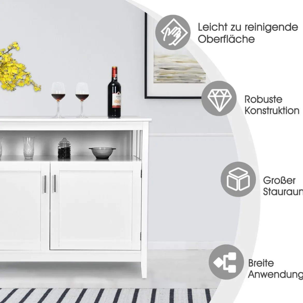 Moderner Aufbewahrungsschrank Sideboard mit verstellbarem Innenregal und 2 Türen Weiß