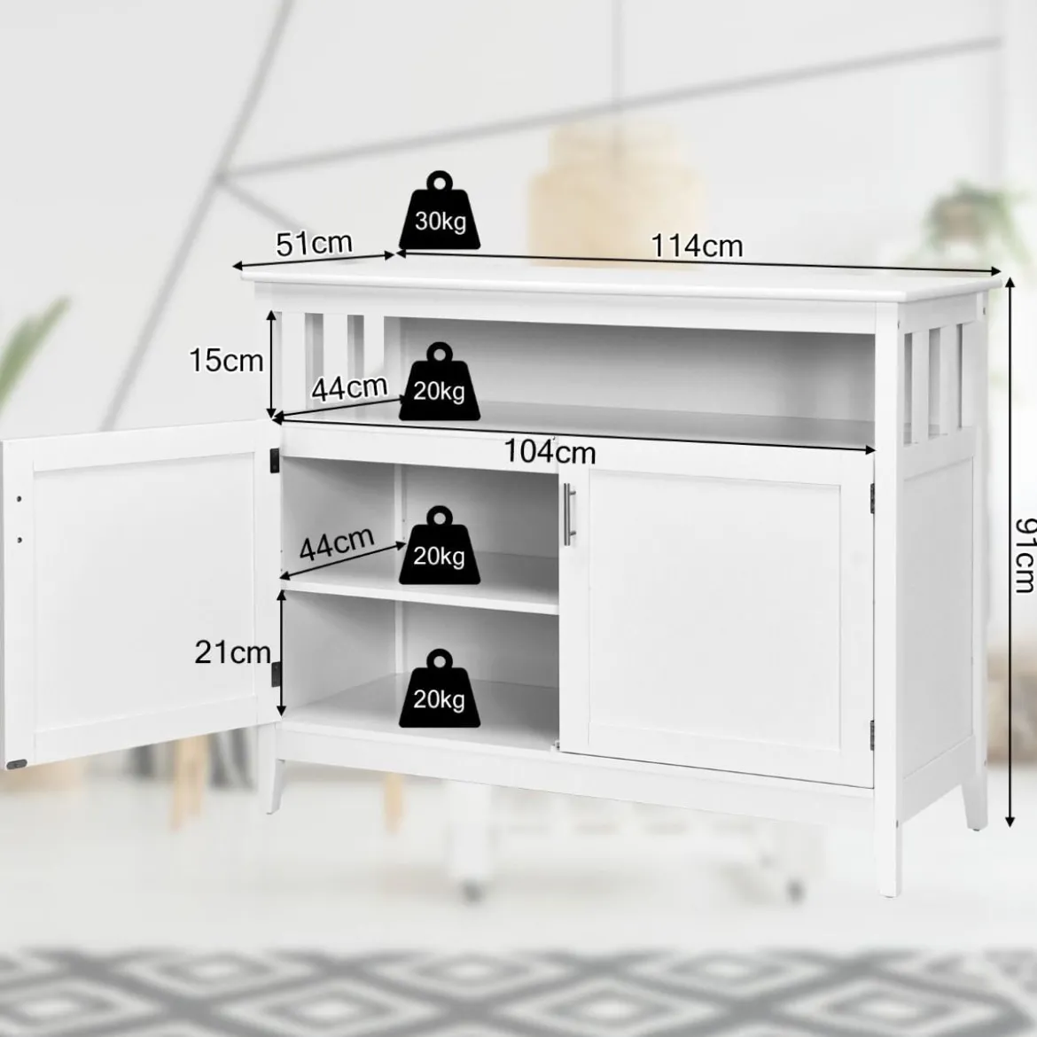Moderner Aufbewahrungsschrank Sideboard mit verstellbarem Innenregal und 2 Türen Weiß