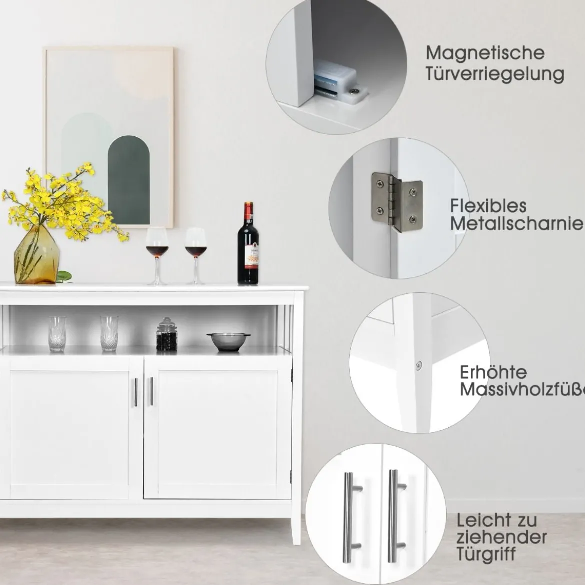 Moderner Aufbewahrungsschrank Sideboard mit verstellbarem Innenregal und 2 Türen Weiß