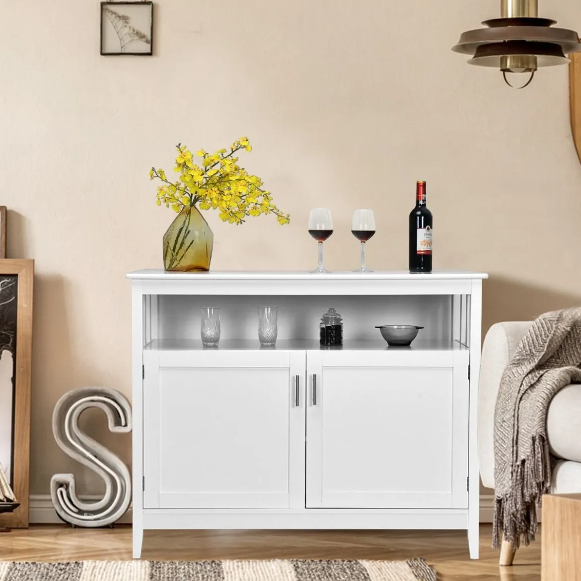 Moderner Aufbewahrungsschrank Sideboard mit verstellbarem Innenregal und 2 Türen Weiß