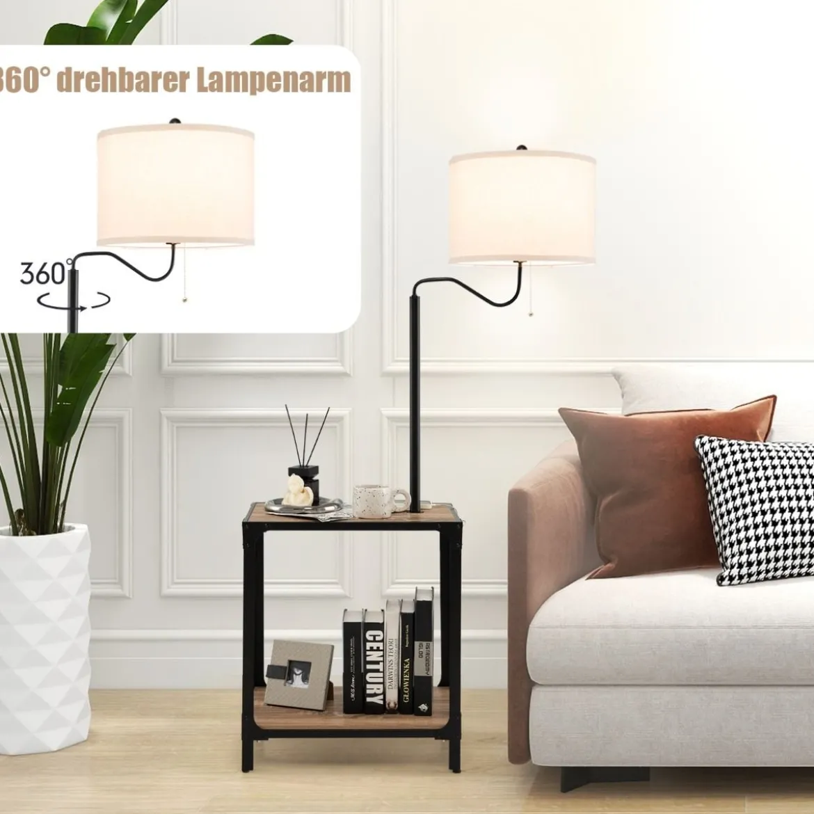 Moderner Beistelltisch mit Tischlampe & 360° Drehbarer Nachttischlampe 49 x 34 x 144 cm