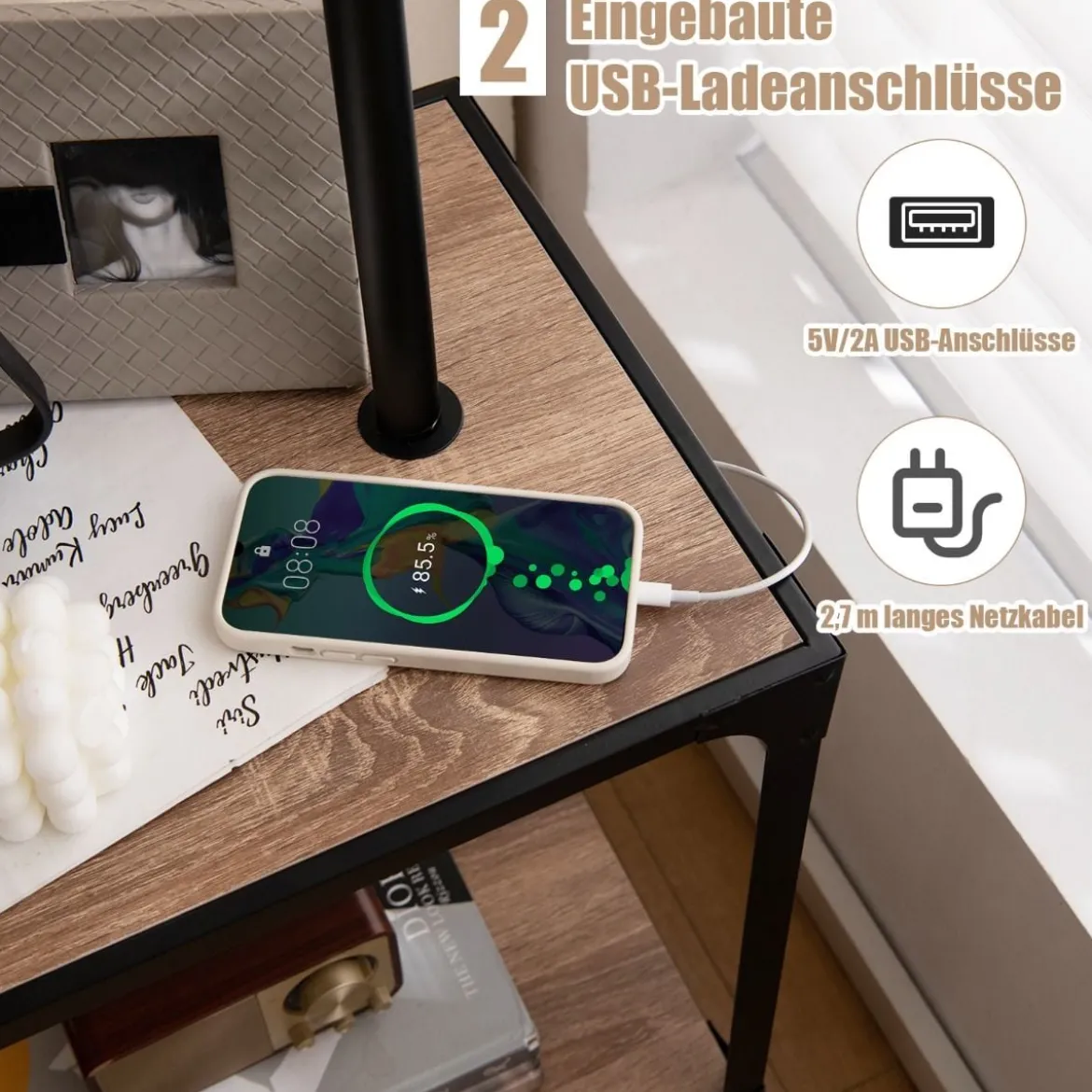 Moderner Beistelltisch mit Tischlampe & 360° Drehbarer Nachttischlampe 49 x 34 x 144 cm