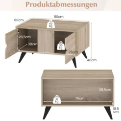 Moderner Couchtisch mit Stauraum Farmhouse-Akzenttisch mit offenen Fächern & 3 Schubladen 80 x 60 x 46 cm Eiche