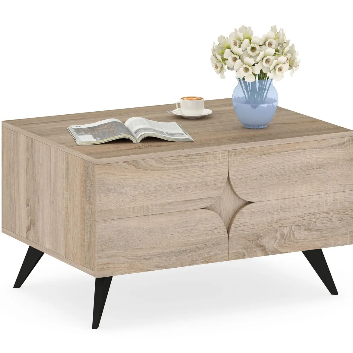 Moderner Couchtisch mit Stauraum Farmhouse-Akzenttisch mit offenen Fächern & 3 Schubladen 80 x 60 x 46 cm Eiche