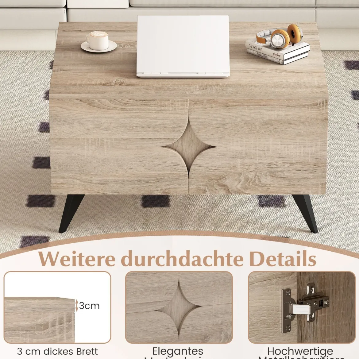 Moderner Couchtisch mit Stauraum Farmhouse-Akzenttisch mit offenen Fächern & 3 Schubladen 80 x 60 x 46 cm Eiche