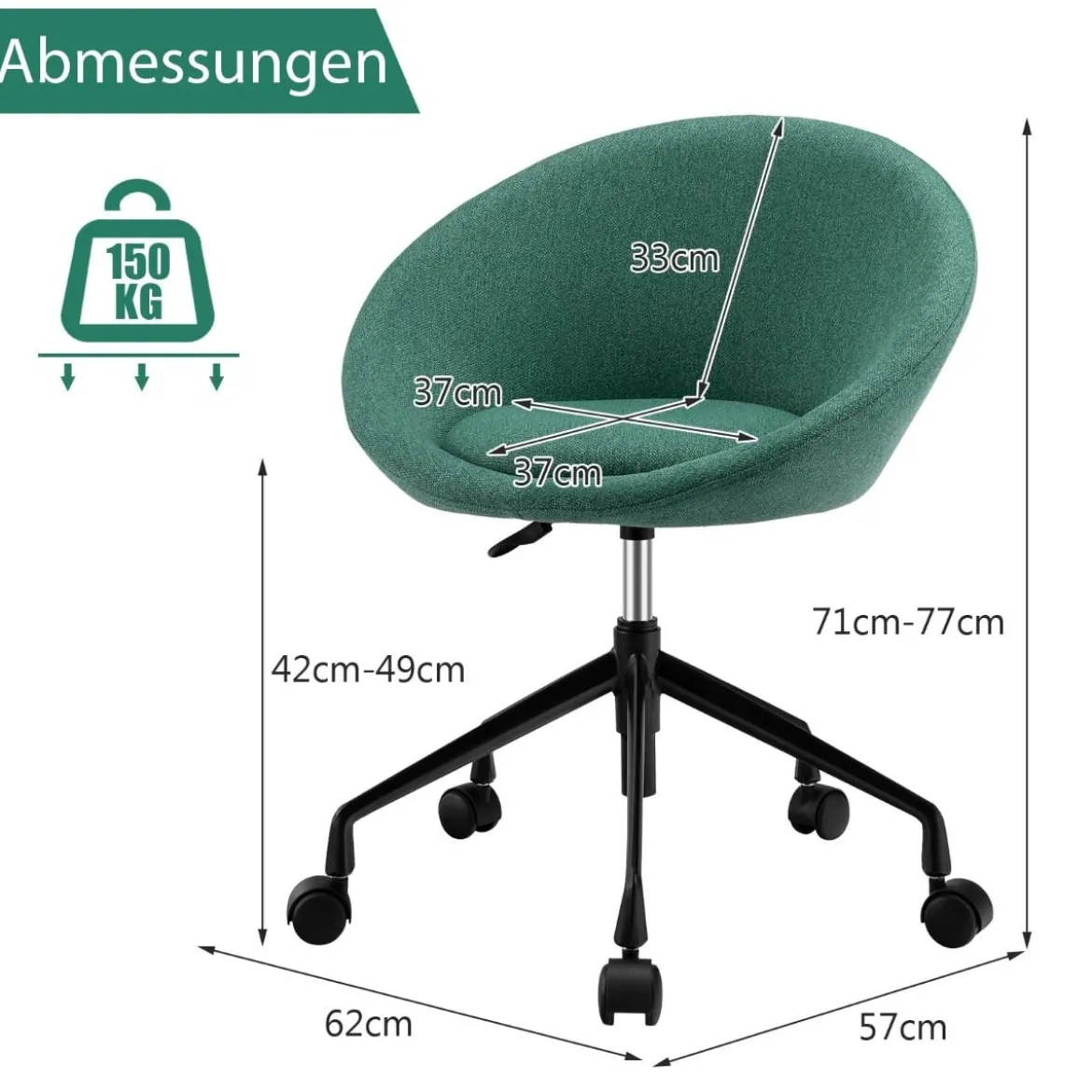 Moderner Drehstuhl aus Leinenstoff mit höhenverstellbarem Sitz und flexiblen Rollen Grün