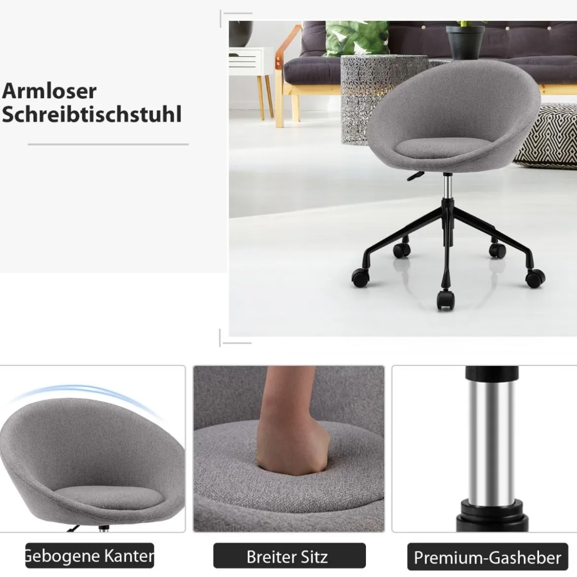 Moderner Drehstuhl aus Leinenstoff mit höhenverstellbarem Sitz und flexiblen Rollen Grau