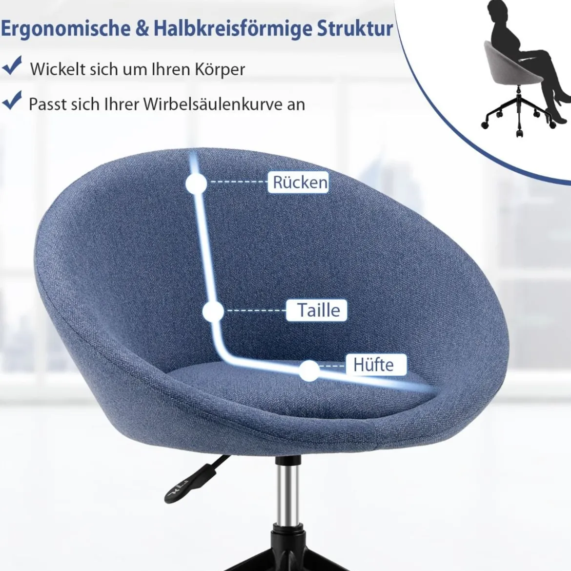 Moderner Drehstuhl aus Leinenstoff mit höhenverstellbarem Sitz und flexiblen Rollen Blau