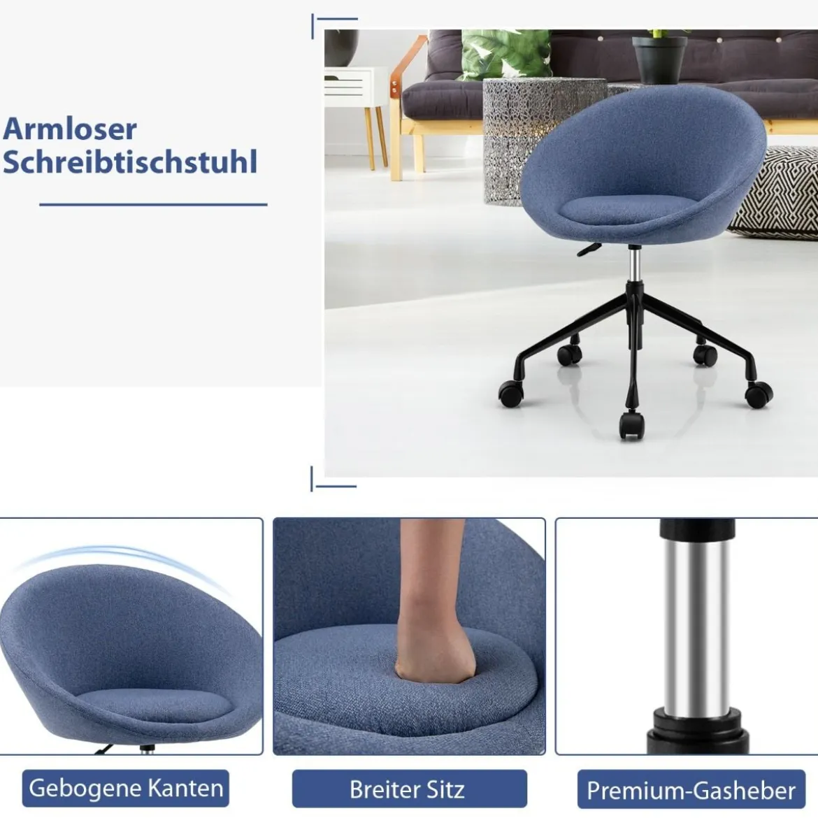 Moderner Drehstuhl aus Leinenstoff mit höhenverstellbarem Sitz und flexiblen Rollen Blau