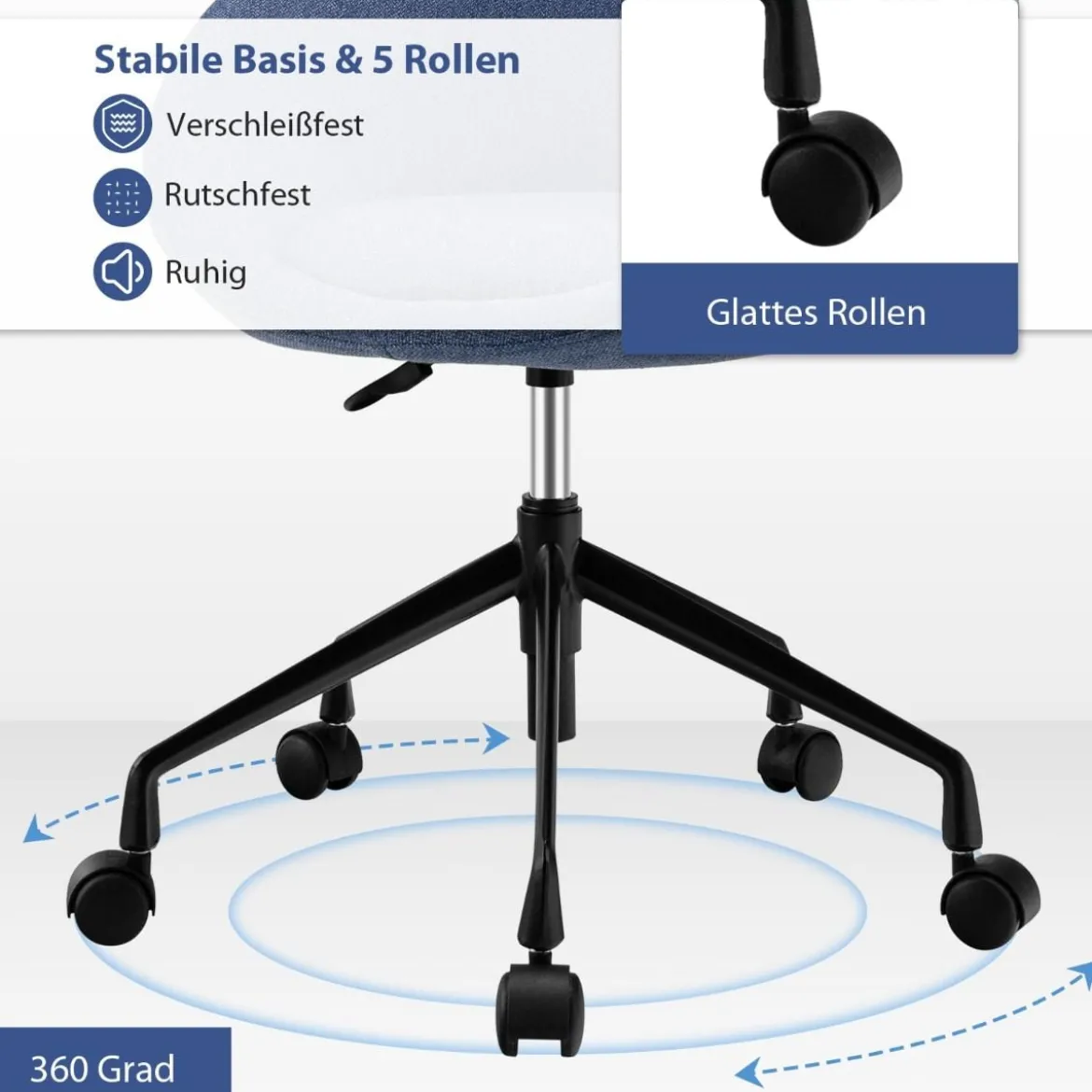 Moderner Drehstuhl aus Leinenstoff mit höhenverstellbarem Sitz und flexiblen Rollen Blau