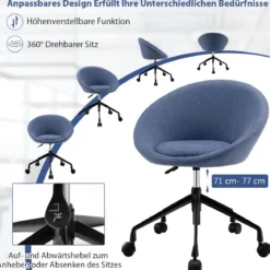 Moderner Drehstuhl aus Leinenstoff mit höhenverstellbarem Sitz und flexiblen Rollen Blau