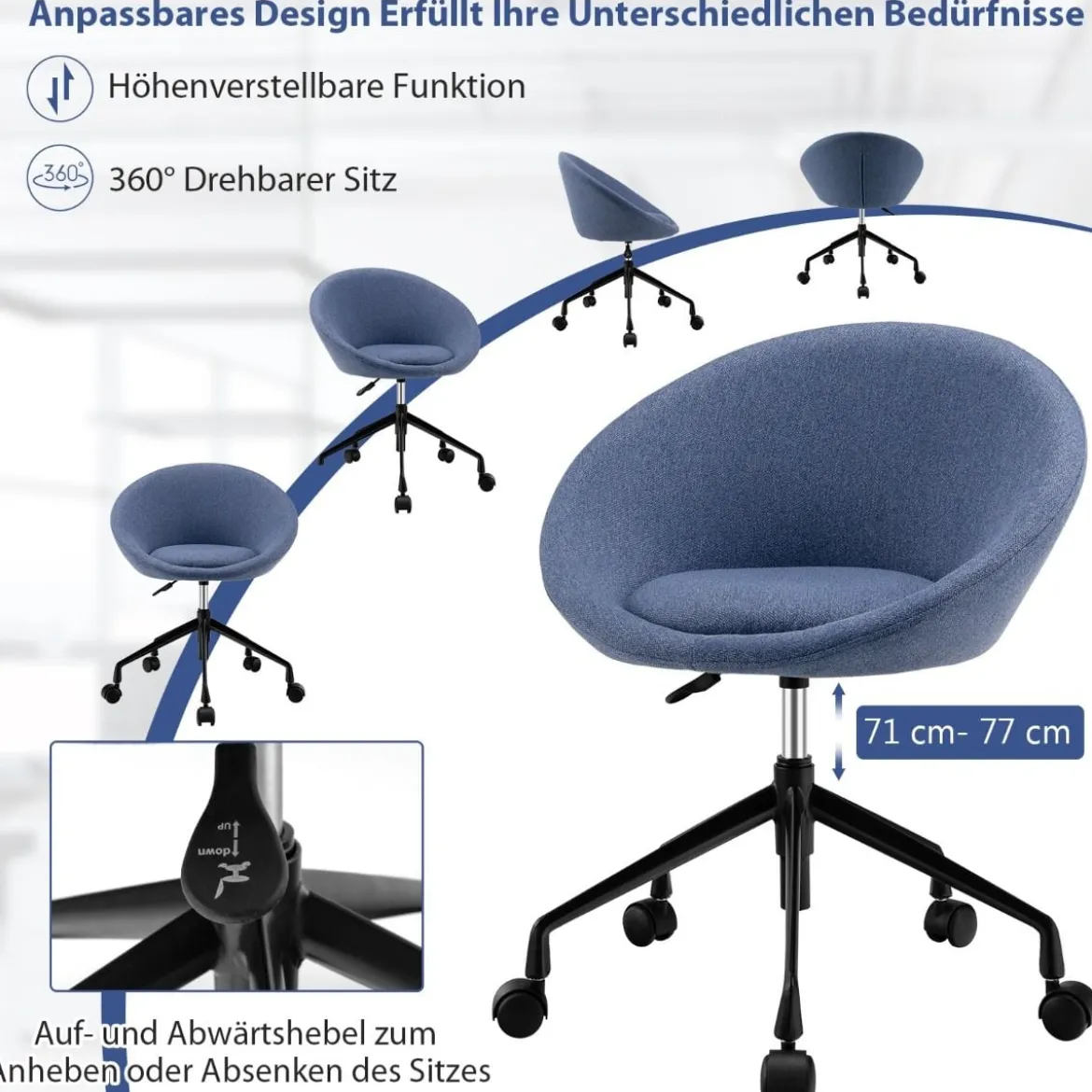 Moderner Drehstuhl aus Leinenstoff mit höhenverstellbarem Sitz und flexiblen Rollen Blau