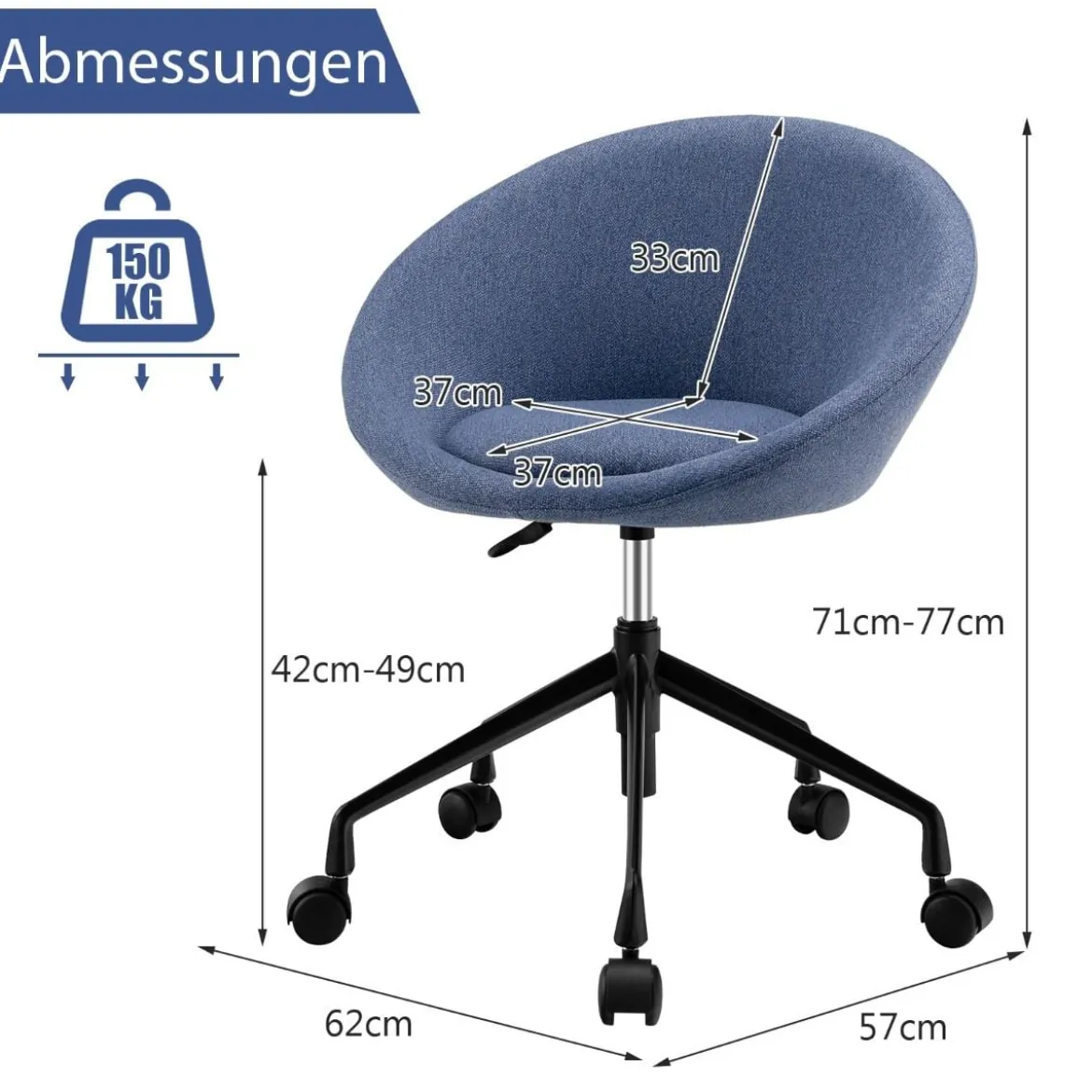 Moderner Drehstuhl aus Leinenstoff mit höhenverstellbarem Sitz und flexiblen Rollen Blau