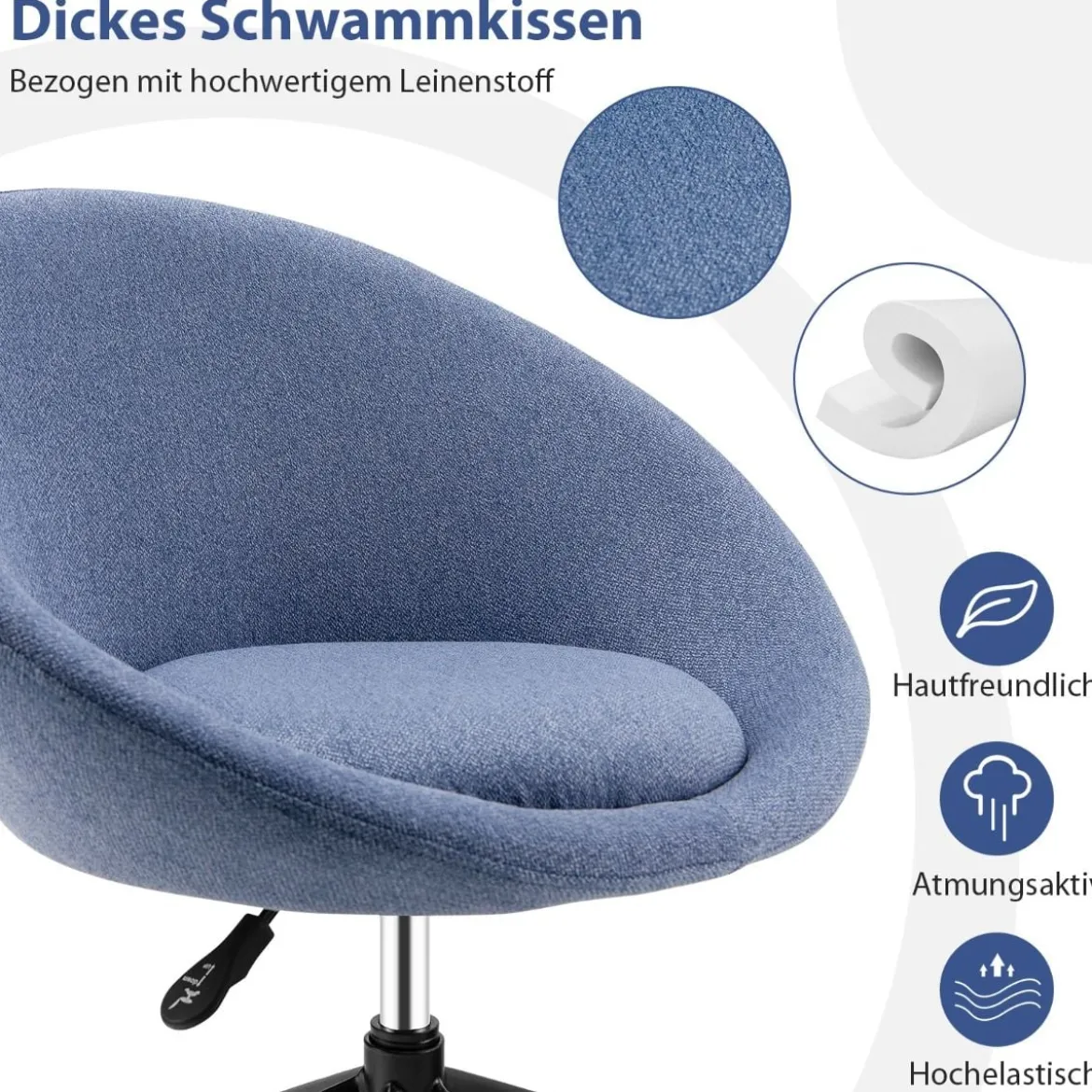 Moderner Drehstuhl aus Leinenstoff mit höhenverstellbarem Sitz und flexiblen Rollen Blau
