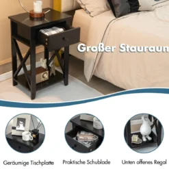 Moderner 2 Ebenen Nachttisch im X-Design mit Schublade 40 x 30 x 61,5 cm (2, Schwarz)