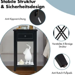 Moderner 2 Ebenen Nachttisch im X-Design mit Schublade 40 x 30 x 61,5 cm (2, Schwarz)