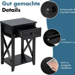 Moderner 2 Ebenen Nachttisch im X-Design mit Schublade 40 x 30 x 61,5 cm (2, Schwarz)