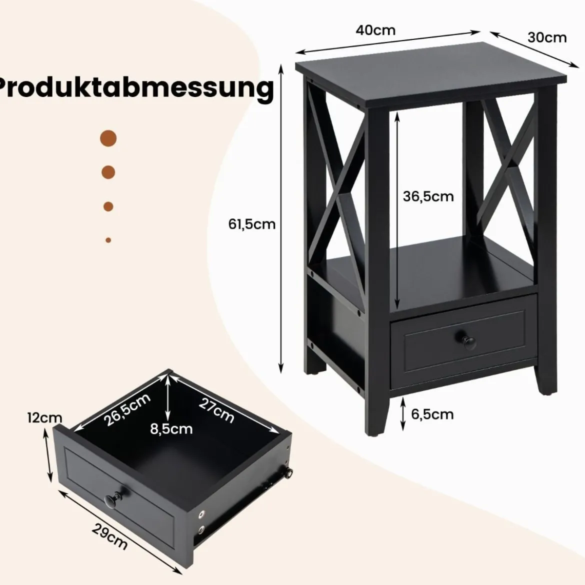 Moderner 2 Ebenen Nachttisch im X-Design mit Schublade 40 x 30 x 61,5 cm Schwarz