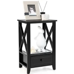 Moderner 2 Ebenen Nachttisch im X-Design mit Schublade 40 x 30 x 61,5 cm Schwarz