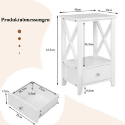 Moderner 2 Ebenen Nachttisch im X-Design mit Schublade 40 x 30 x 61,5 cm Weiß