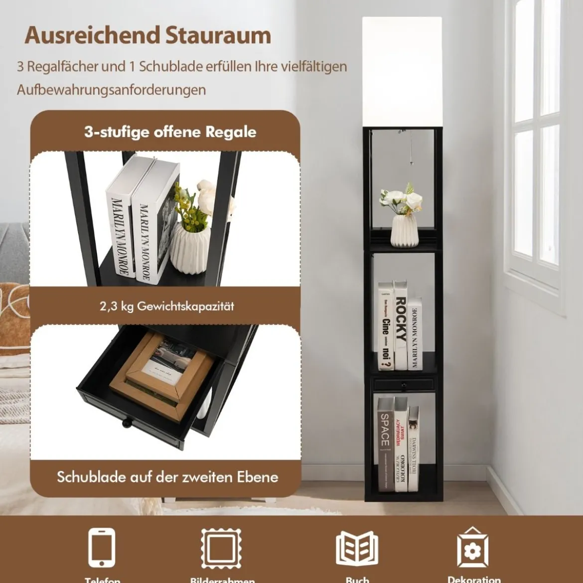 Moderne Regal-Stehlampe Dimmbare Standlampe mit Schublade 26 x 26 x 159,5 cm