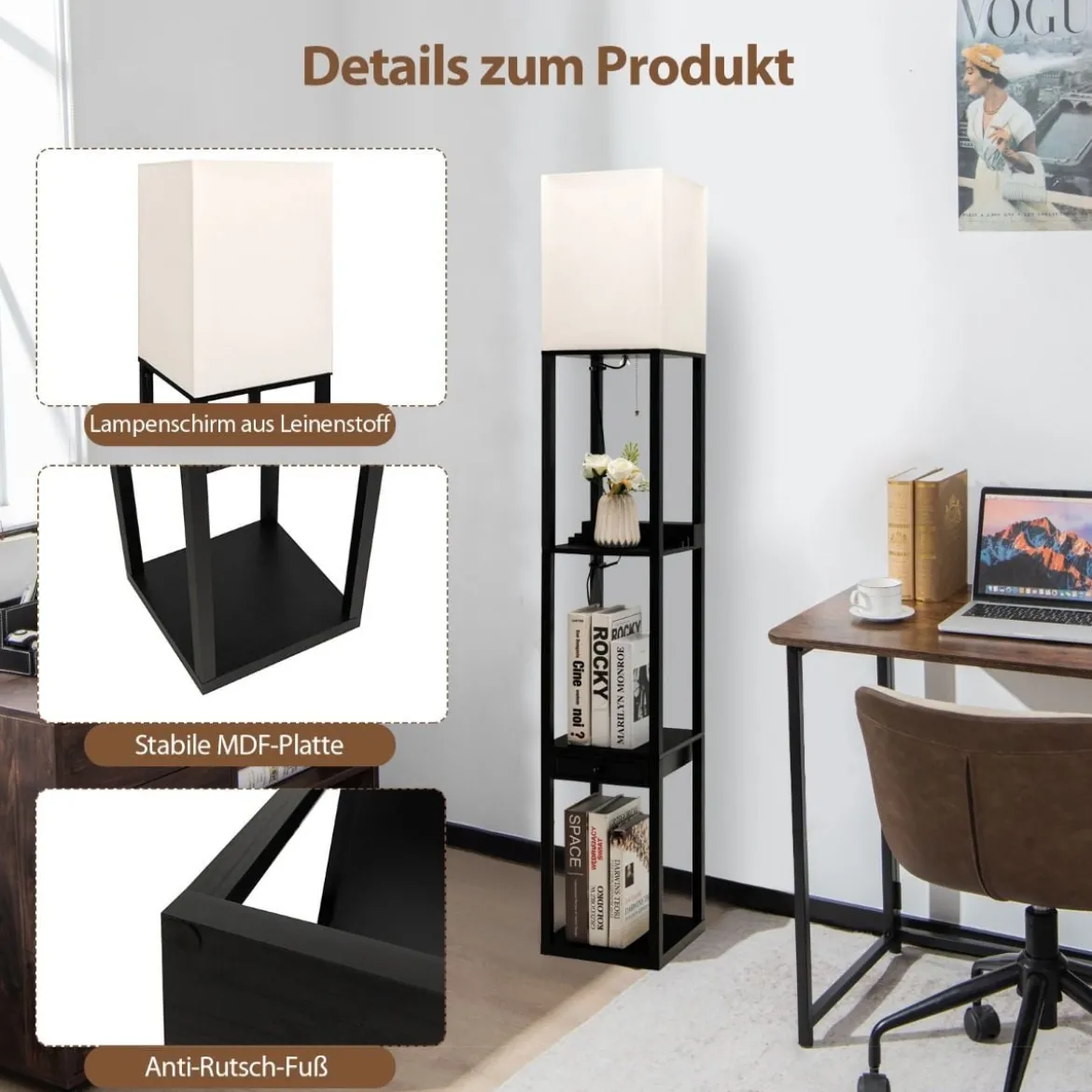 Moderne Regal-Stehlampe Dimmbare Standlampe mit Schublade 26 x 26 x 159,5 cm