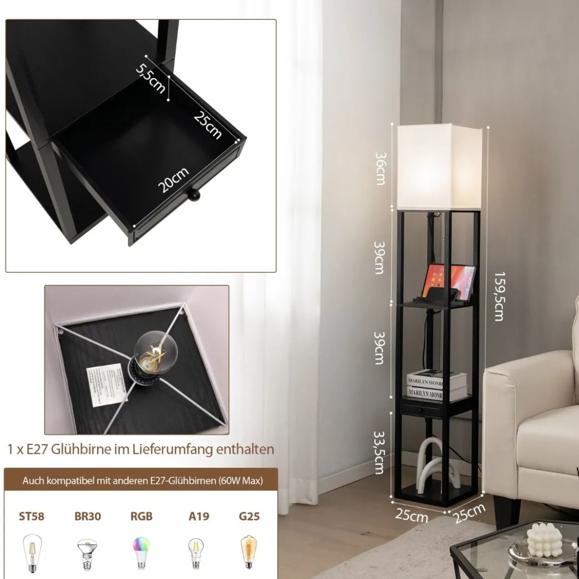 Moderne Regal-Stehlampe Dimmbare Standlampe mit Schublade 26 x 26 x 159,5 cm