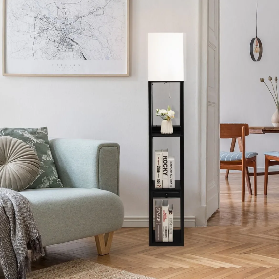 Moderne Regal-Stehlampe Dimmbare Standlampe mit Schublade 26 x 26 x 159,5 cm
