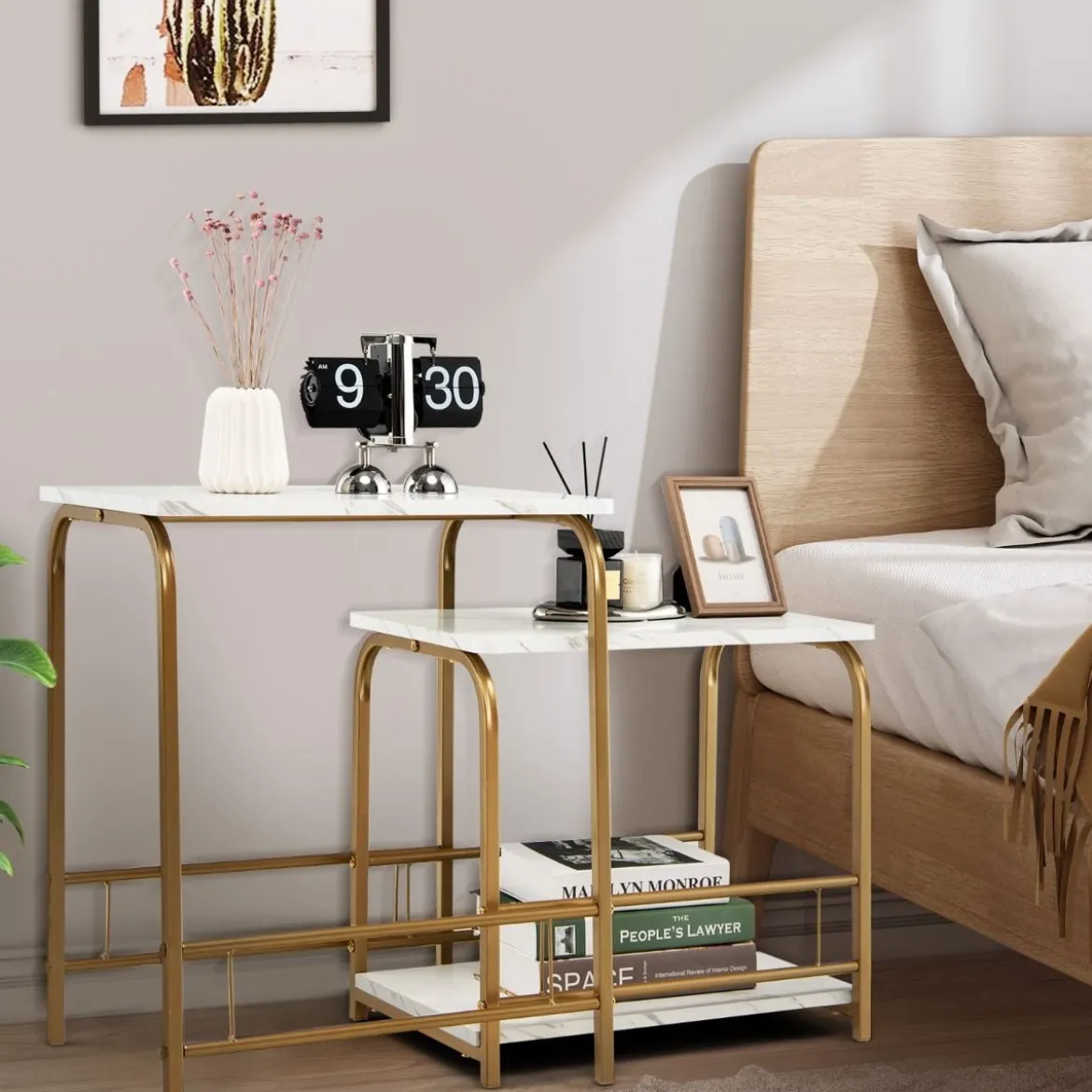 Moderner 2er Couchtisch Set Marmor Optik mit goldenen Beinen Weiß & Golden