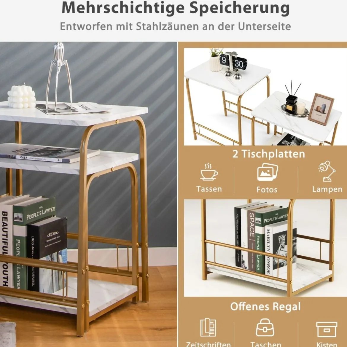 Moderner 2er Couchtisch Set Marmor Optik mit goldenen Beinen Weiß & Golden
