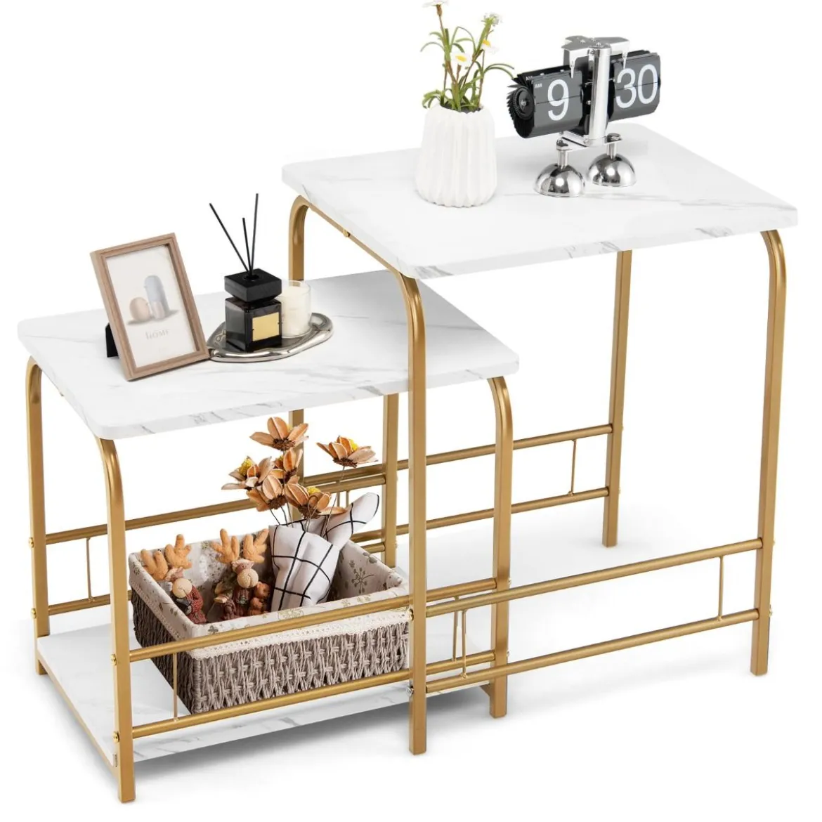 Moderner 2er Couchtisch Set Marmor Optik mit goldenen Beinen Weiß & Golden