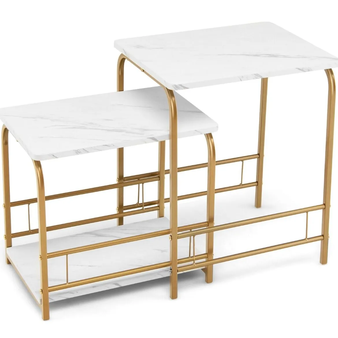 Moderner 2er Couchtisch Set Marmor Optik mit goldenen Beinen Weiß & Golden